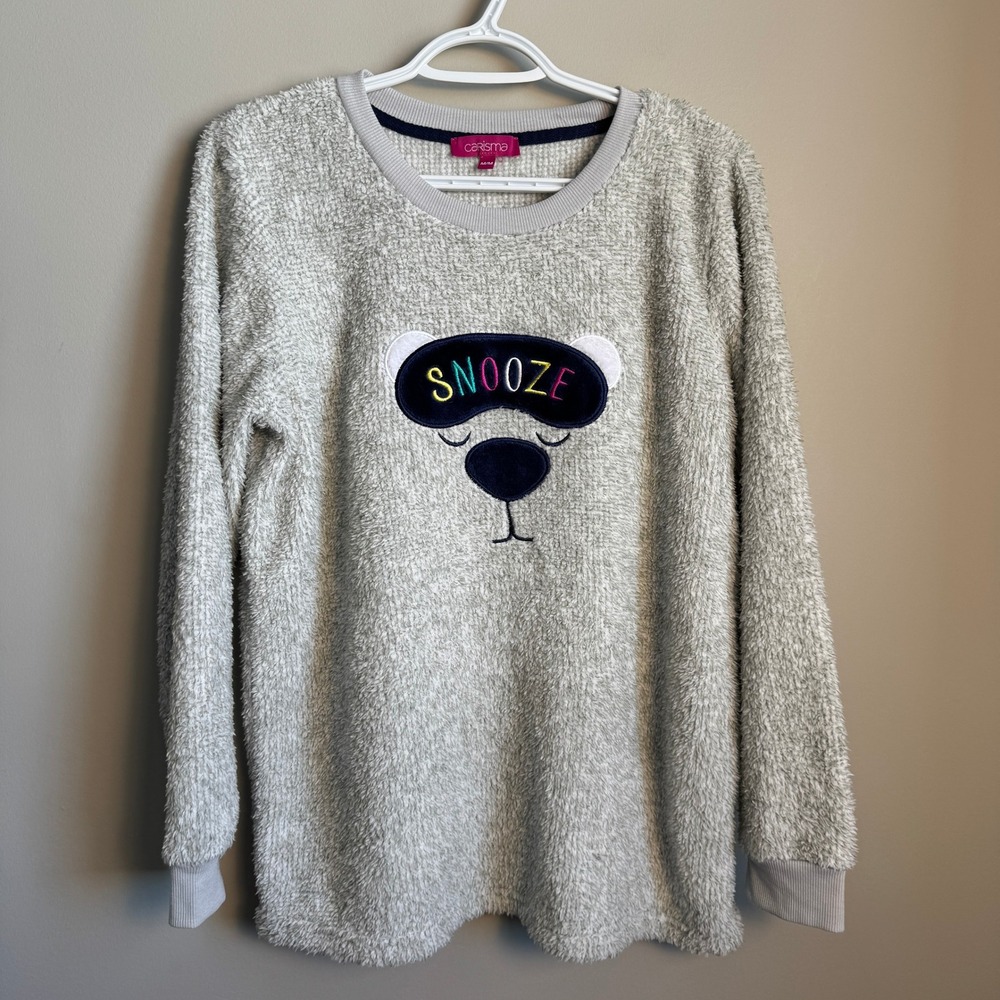 Carisma Snooze Bear Sherpa Fleece Pajama‎ Top Gray Medium Long Sleeve Loungewear